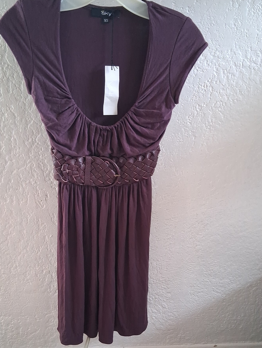 Sky Plum Scoop-Neck Dress with Braided Waist Belt